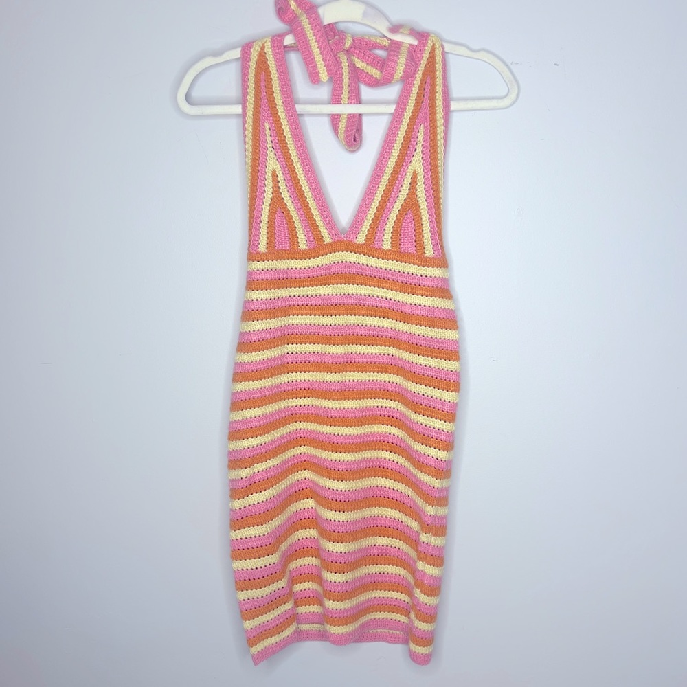 Medium - Pink/Orange Crochet Halter Mini Dress - By Brand Peppermayo